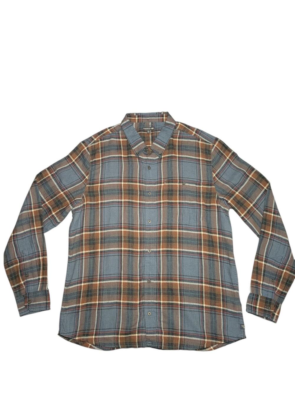 Toad & Co Men's Size XL Plaid Flannel Button Down Shirt Herringbone Slate Blue